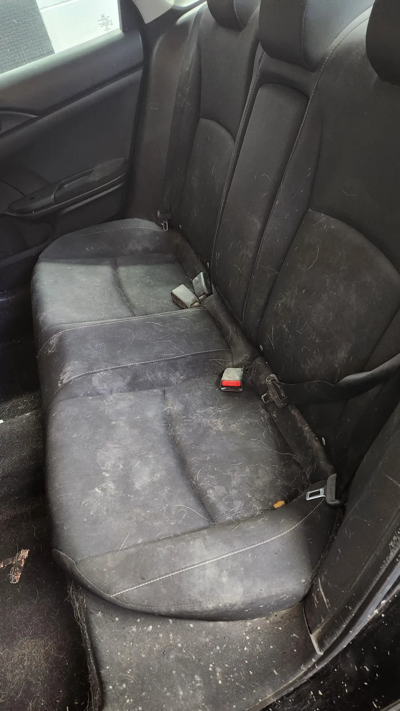 Dirty seat with pet hair and debris before