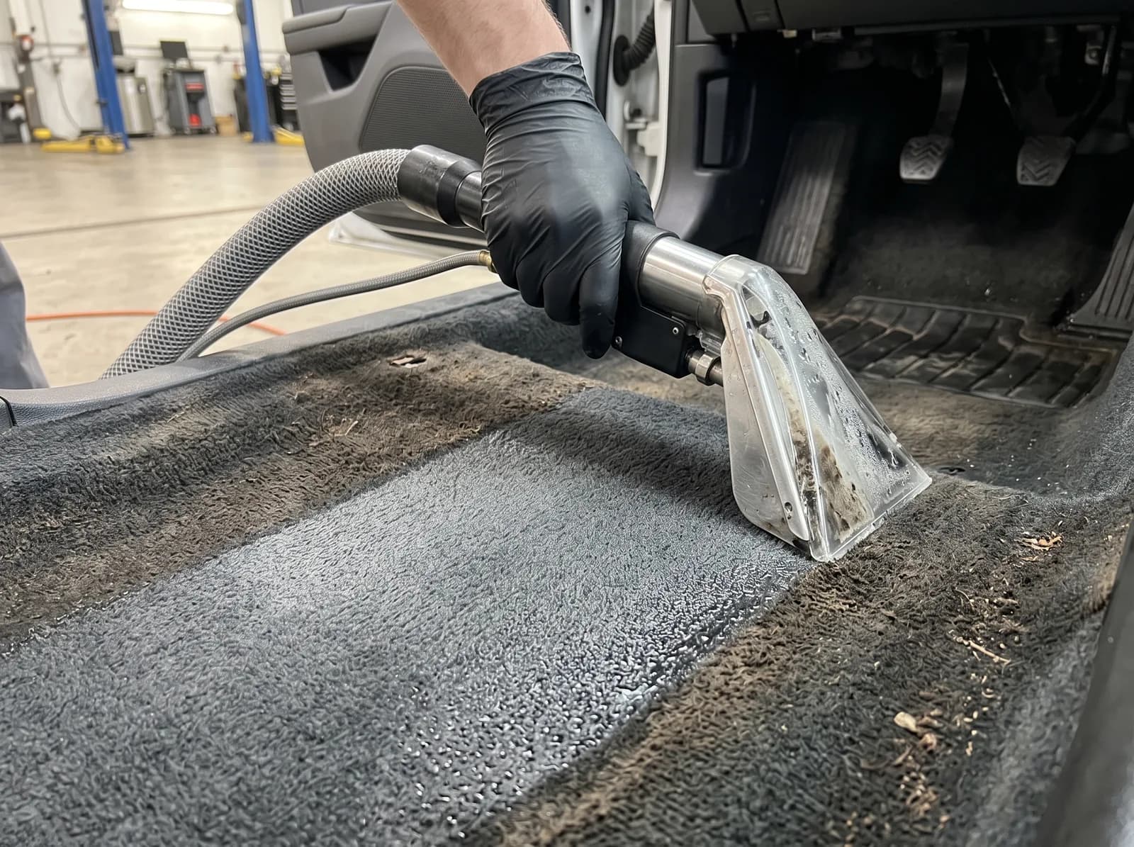 Hot water extraction tool pulling embedded dirt from a car floor carpet